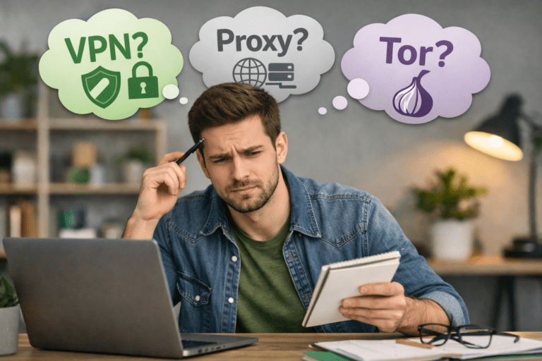 a man trying to decide between vpn vs proxy vs TOR
