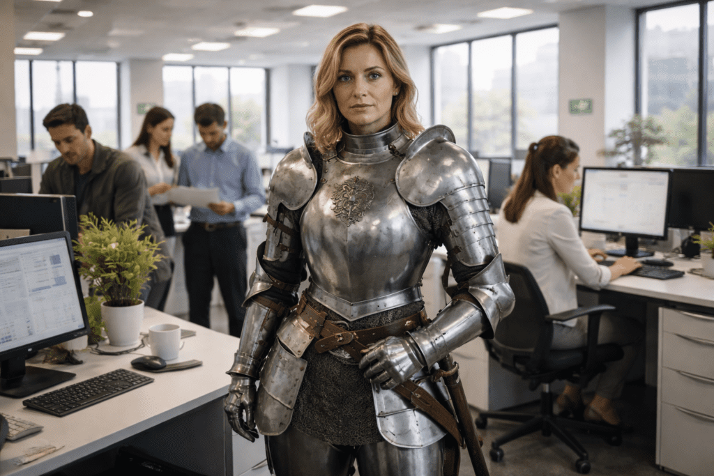 a woman in a suit of armor standing in the office illustrating protection in response to question: What Is DNS Leak Protection?