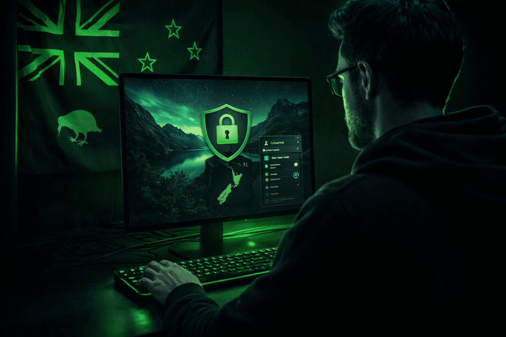 Person using computer with security theme