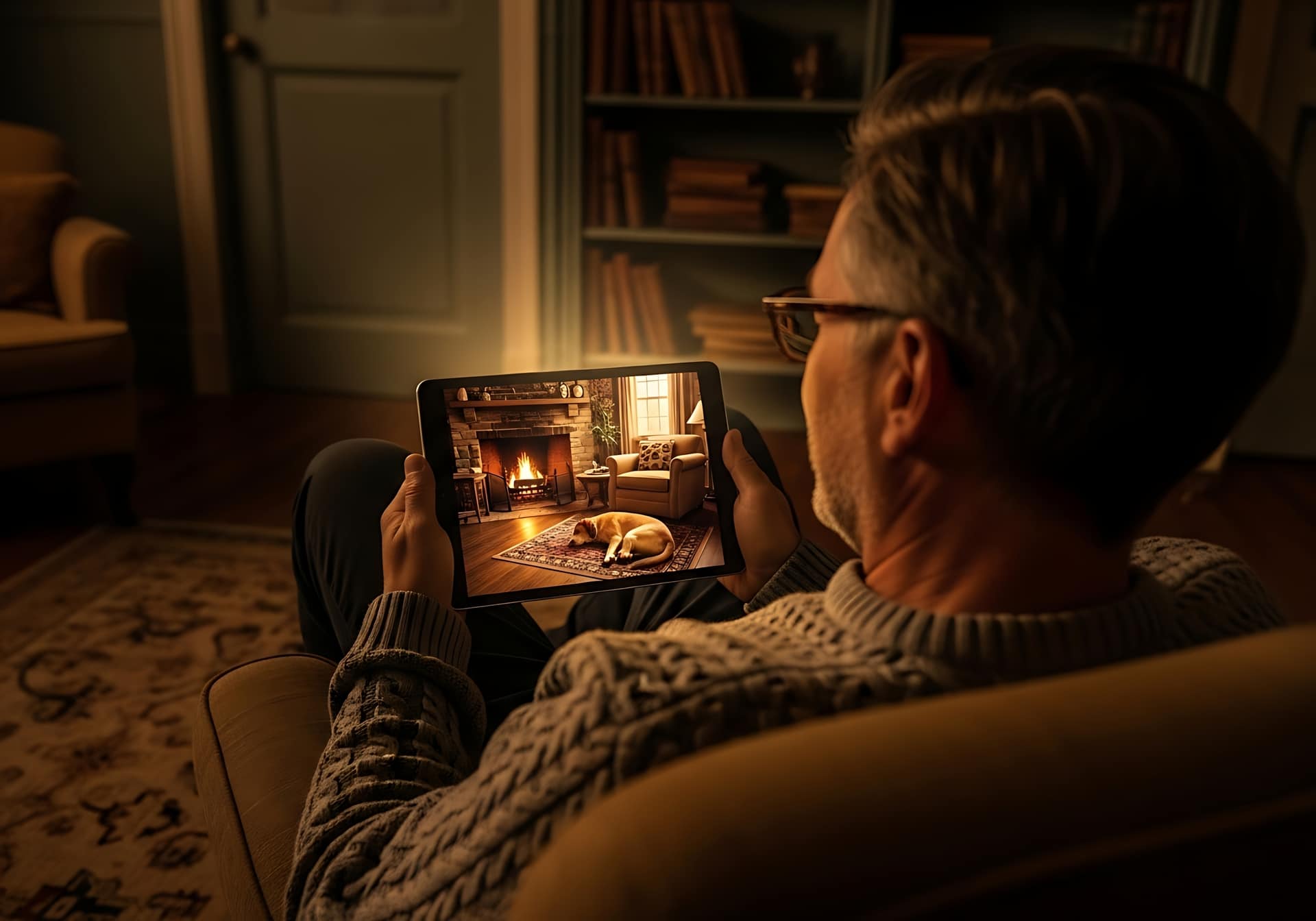 Man enjoying tablet by fireplace.
