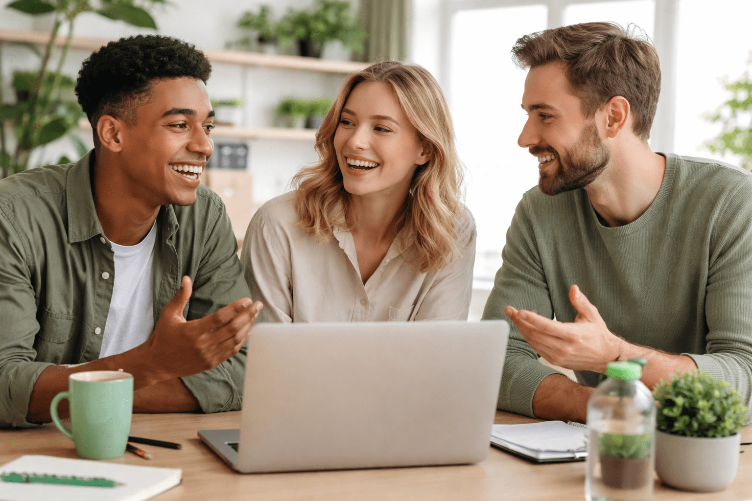 Three people discussing over a laptop. Smart DNS vs VPN for Streaming